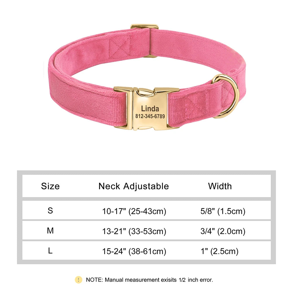 Soft Plush Personalized Dog Collar – Custom Engraved Velvet Collar with Name Tag for Small to Medium Dogs