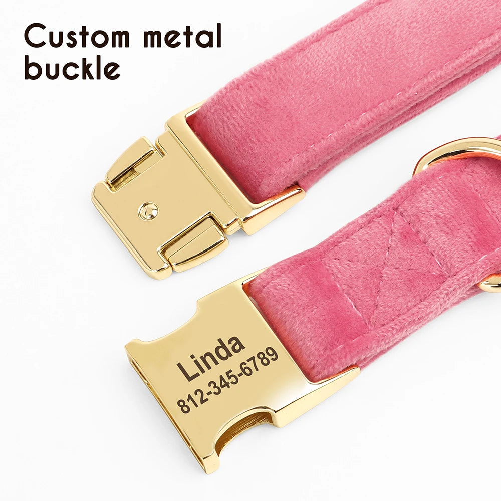 Soft Plush Personalized Dog Collar – Custom Engraved Velvet Collar with Name Tag for Small to Medium Dogs