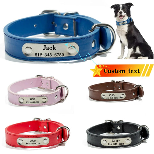 Custom Personalized Dog Collar – Engraved Name Tag Leather Collars for All Dog Sizes