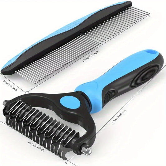 2-in-1 Dog Grooming Brush & Cat Hair Deshedding Tool – Best Brush for Long Hair Pets | Tangle Remover + Comb Set