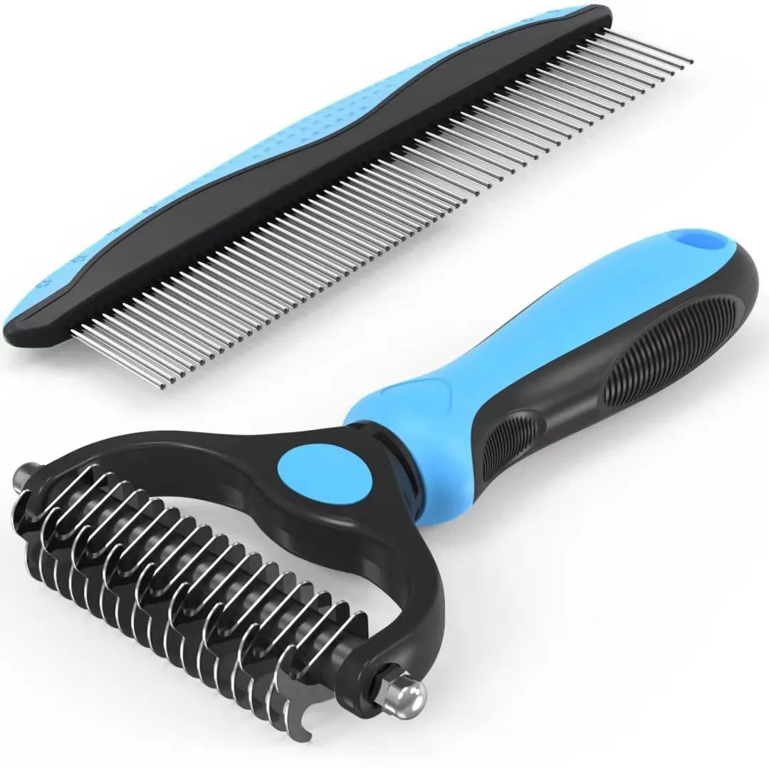 2-in-1 Dog Grooming Brush & Cat Hair Deshedding Tool – Best Brush for Long Hair Pets | Tangle Remover + Comb Set