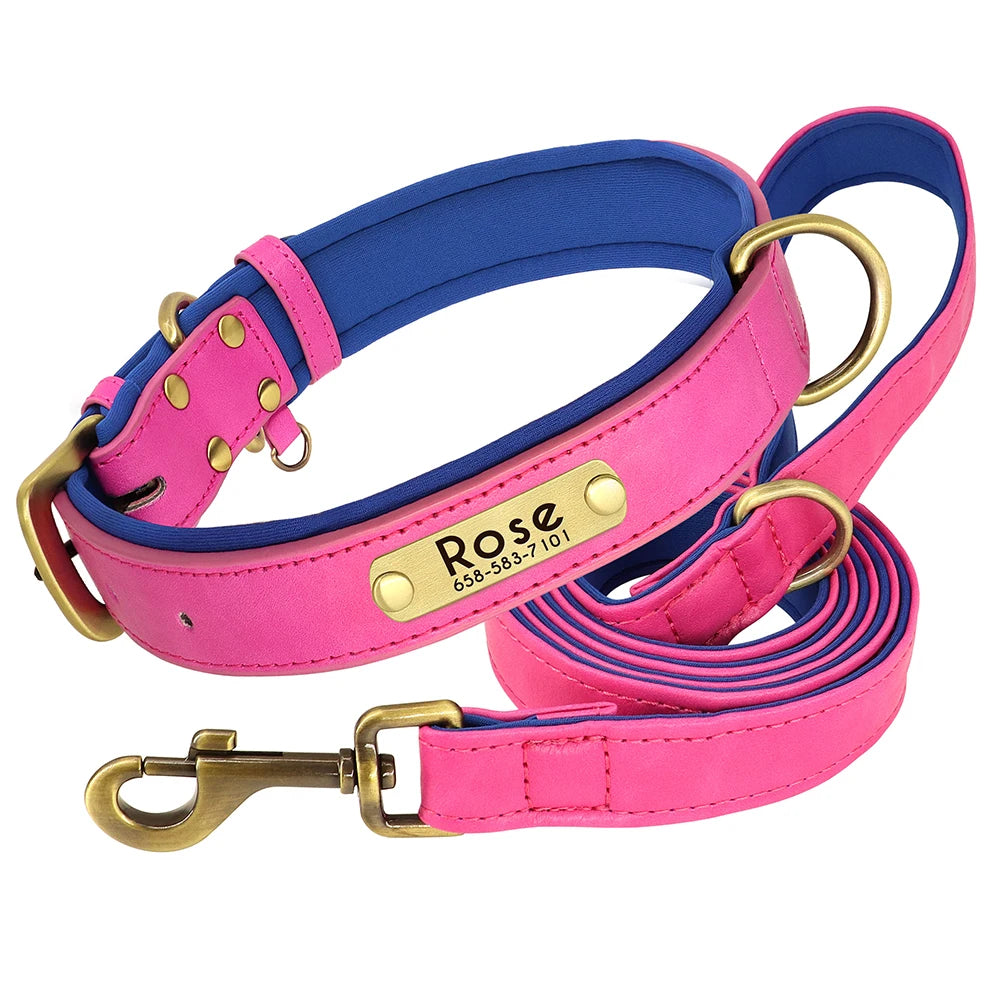 Personalized Leather Dog Collar and Leash Set – Custom Engraved Nameplate for All Sizes