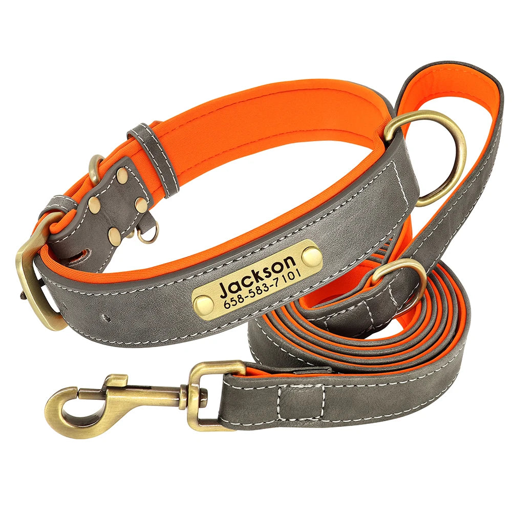 Personalized Leather Dog Collar and Leash Set – Custom Engraved Nameplate for All Sizes