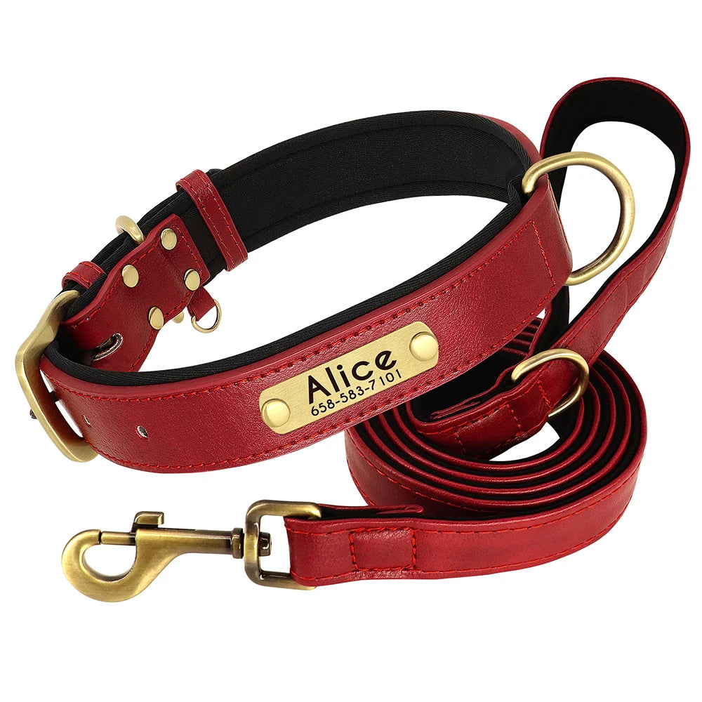Personalized Leather Dog Collar and Leash Set – Custom Engraved Nameplate for All Sizes