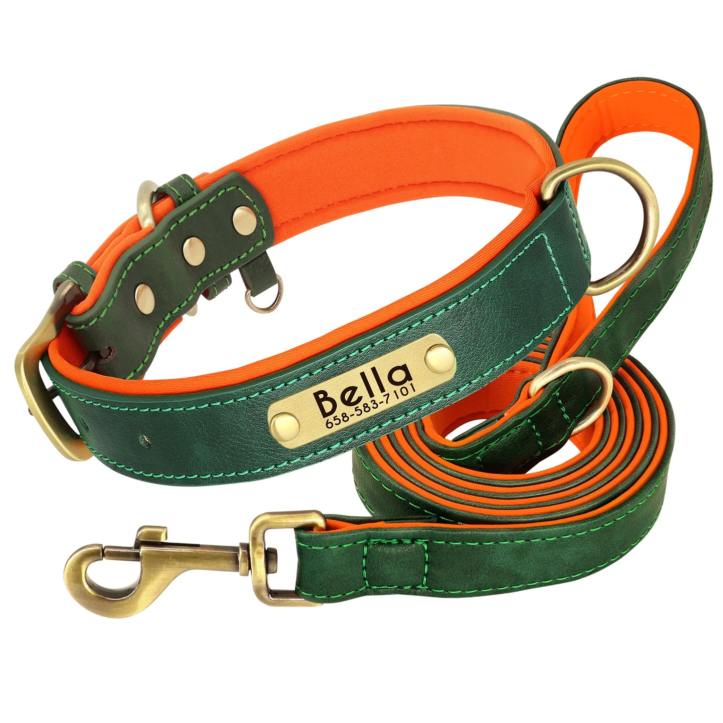 Personalized Leather Dog Collar and Leash Set – Custom Engraved Nameplate for All Sizes