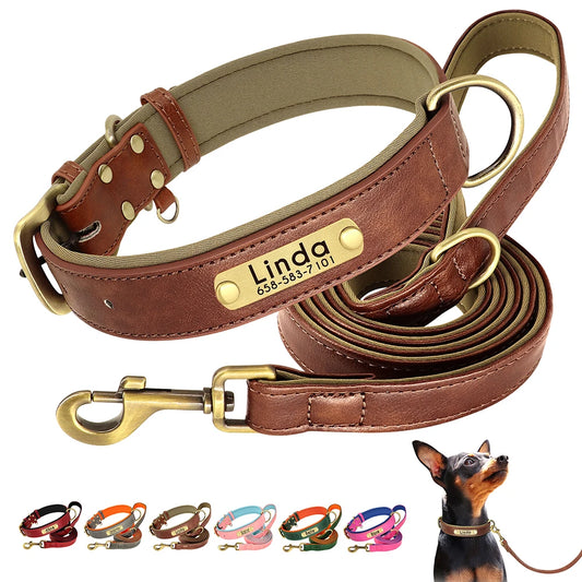 Personalized Leather Dog Collar and Leash Set – Custom Engraved Nameplate for All Sizes