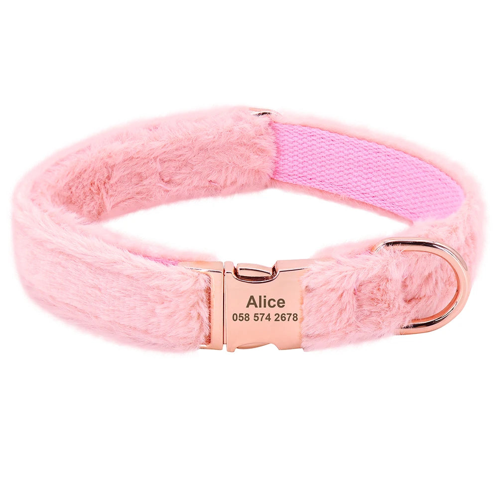 Soft Plush Personalized Dog Collar – Custom Engraved Velvet Collar with Name Tag for Small to Medium Dogs
