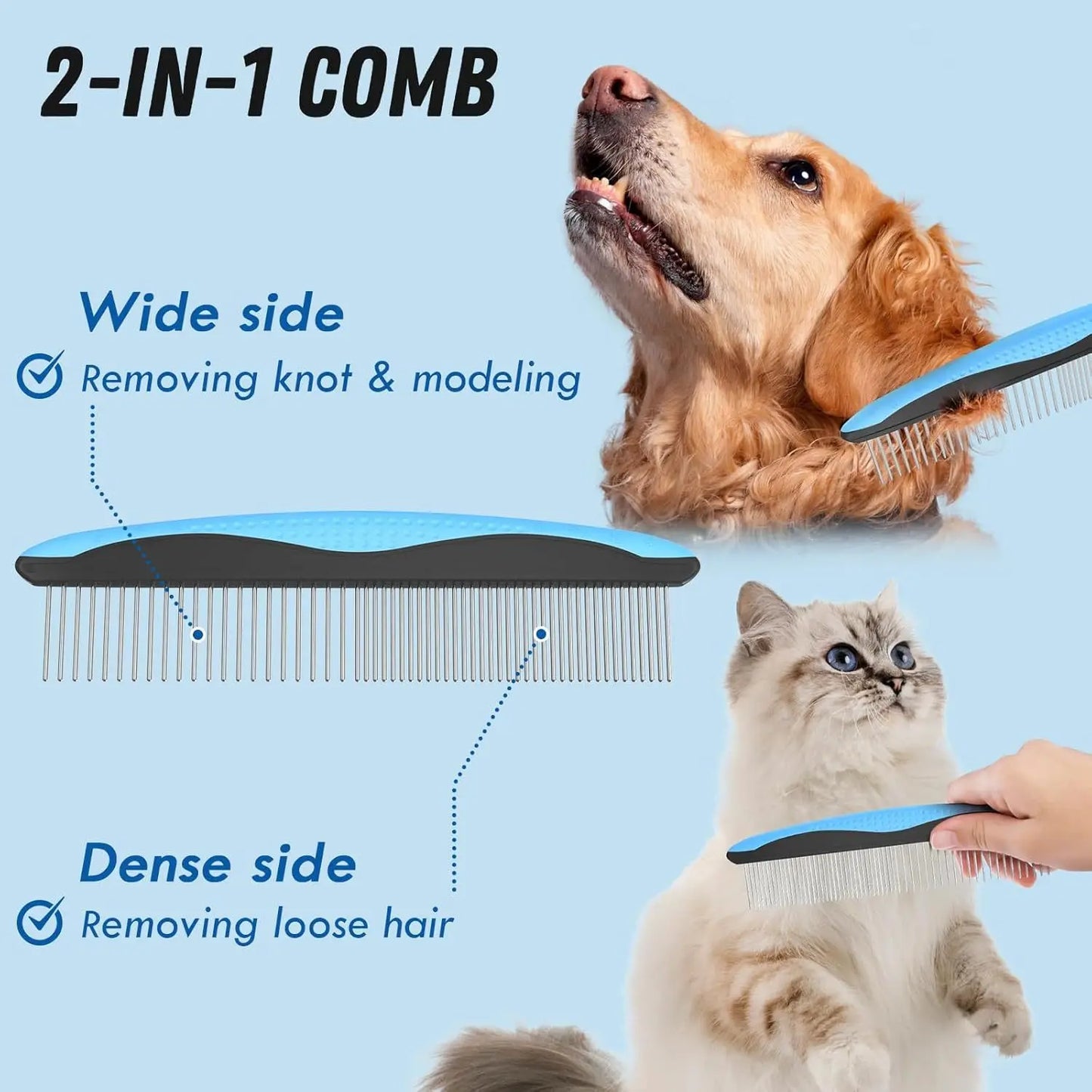 2-in-1 Dog Grooming Brush & Cat Hair Deshedding Tool – Best Brush for Long Hair Pets | Tangle Remover + Comb Set