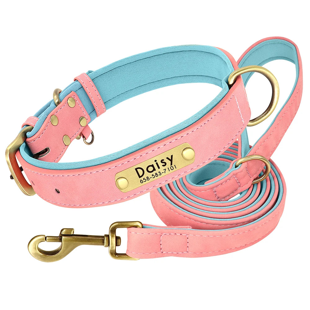 Personalized Leather Dog Collar and Leash Set – Custom Engraved Nameplate for All Sizes