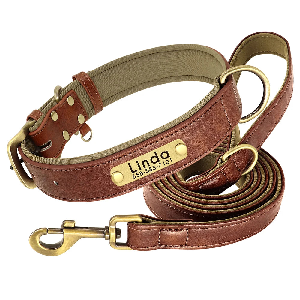 Personalized Leather Dog Collar and Leash Set – Custom Engraved Nameplate for All Sizes