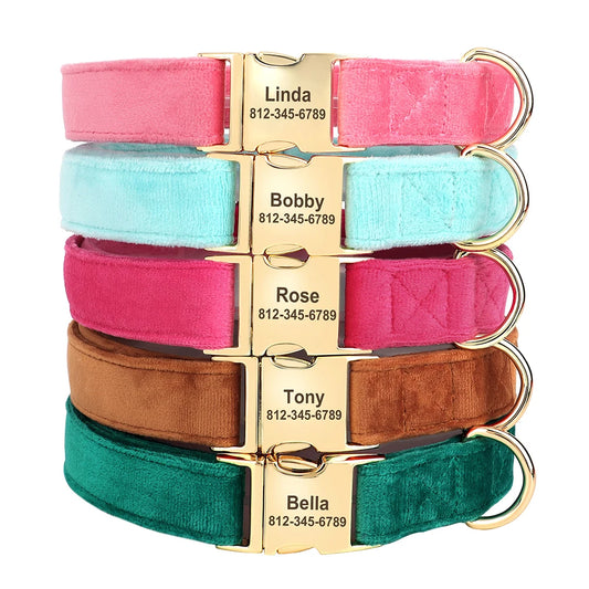 Soft Plush Personalized Dog Collar – Custom Engraved Velvet Collar with Name Tag for Small to Medium Dogs